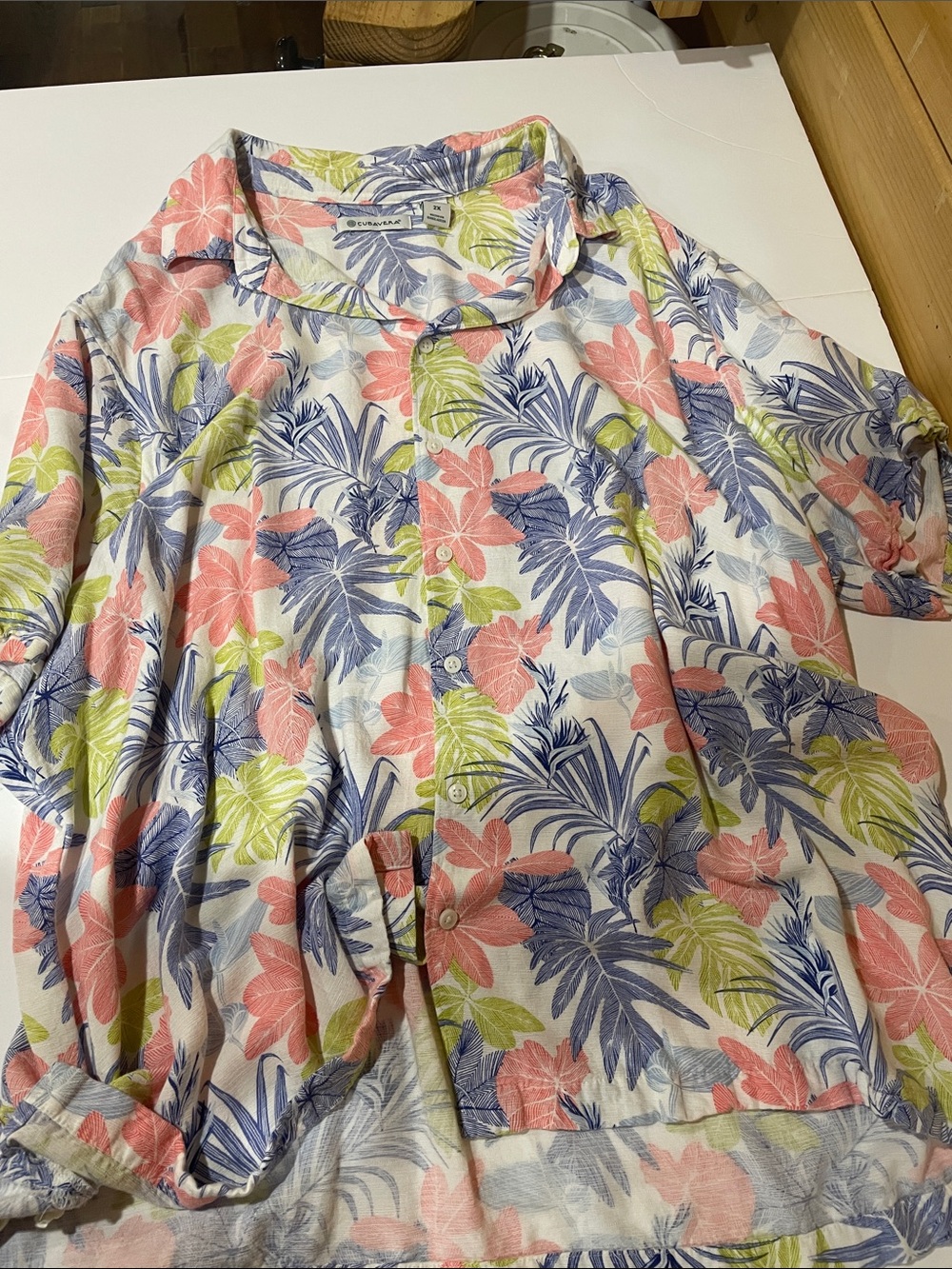Cubavera Tropical Floral Button-Down Shirt in Coral, Blue & Lime on White